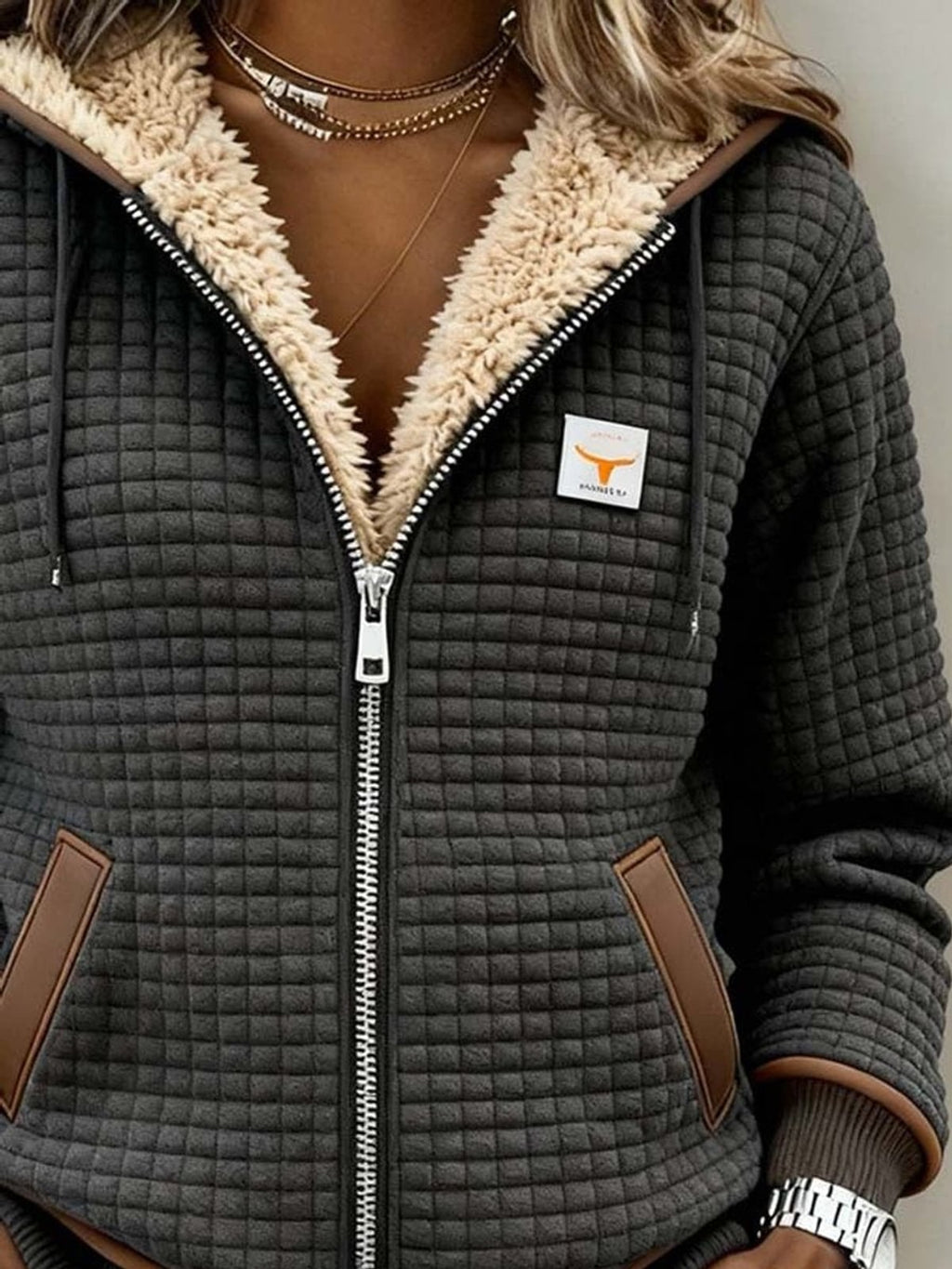women's quilted sherpa-lined zip-up hoodie