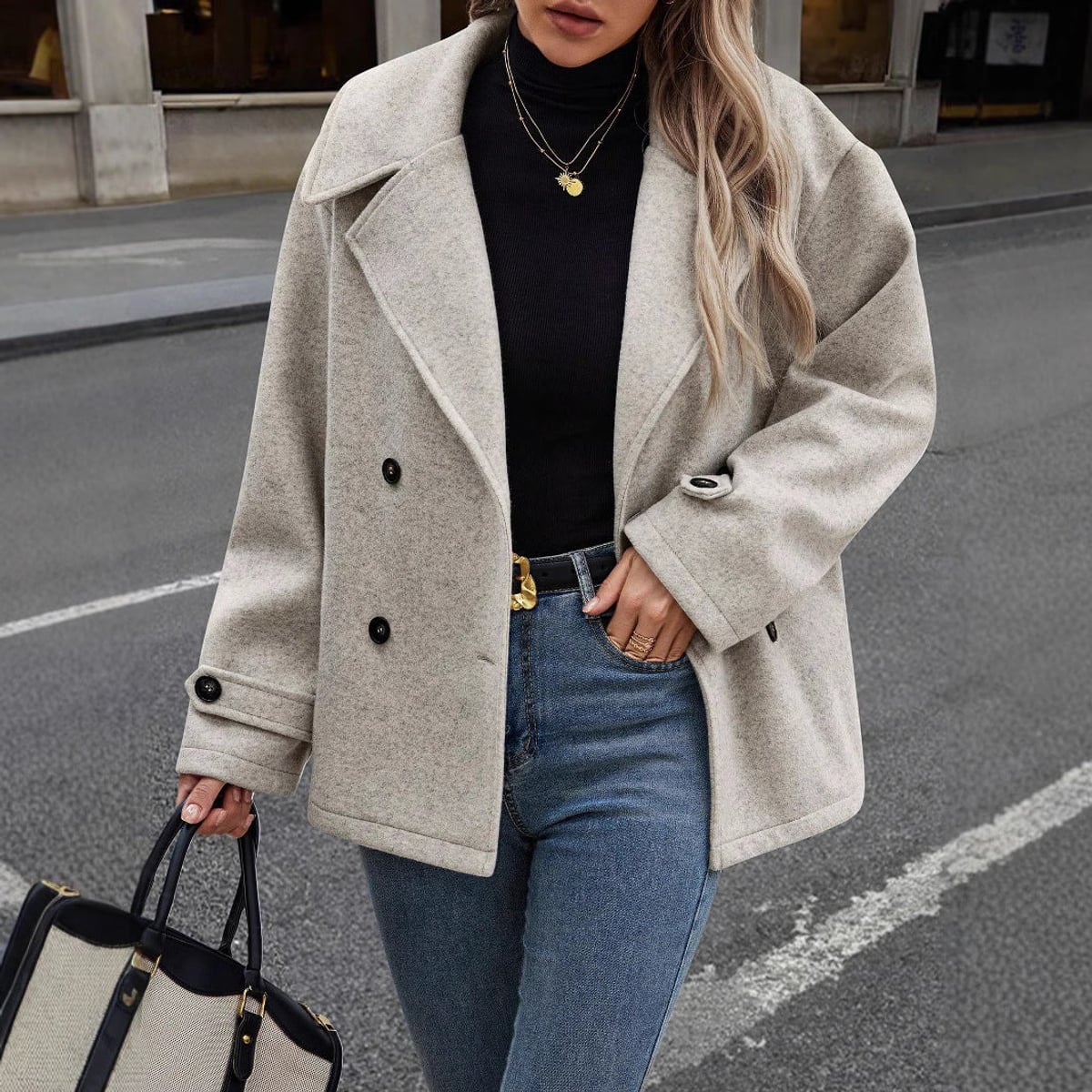 women's relaxed double-breasted jacket in light gray