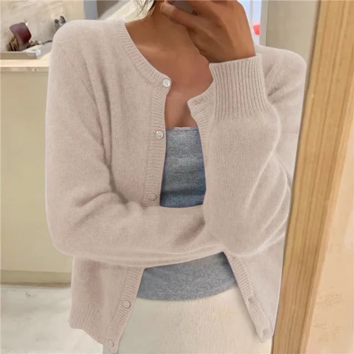 women's relaxed fit button-up cardigan sweater in beige