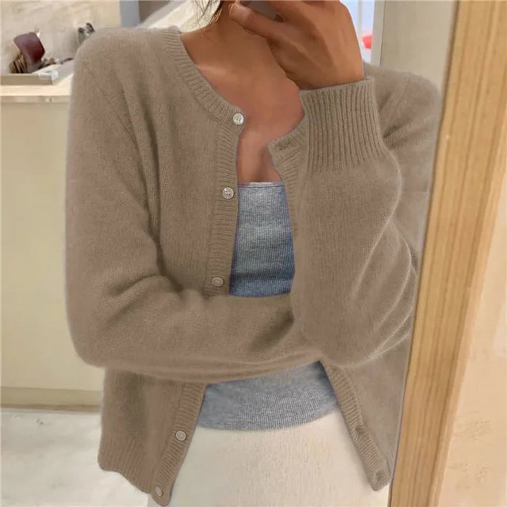 women's relaxed fit button-up cardigan sweater in khaki