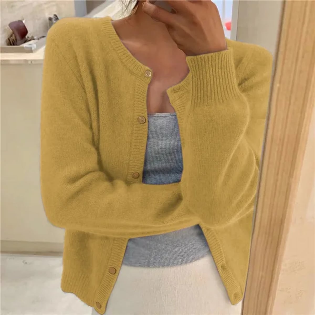 women's relaxed fit button-up cardigan sweater in yellow