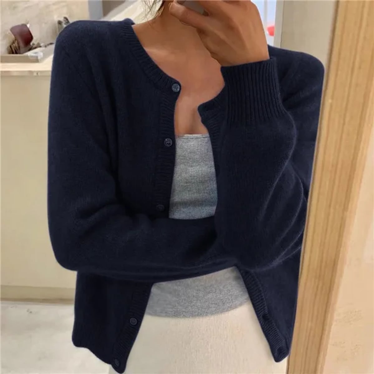 women's relaxed fit button-up cardigan sweater in navy blue