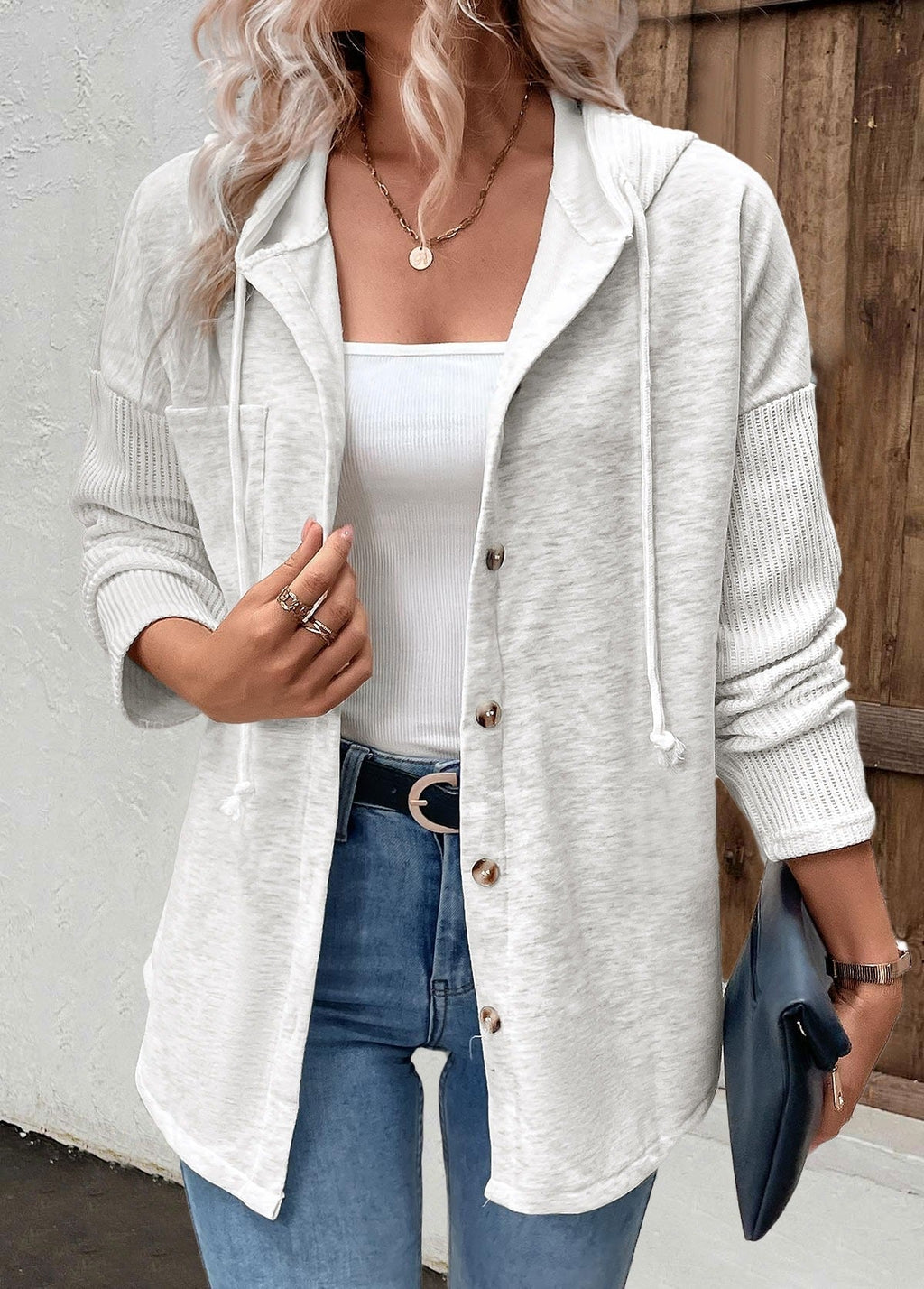 women's relaxed fit button-up hoodie in light gray