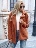 women's relaxed fit double-breasted teddy coat in orange