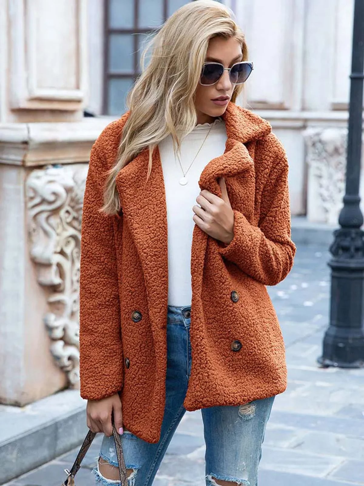women's relaxed fit double-breasted teddy coat in orange