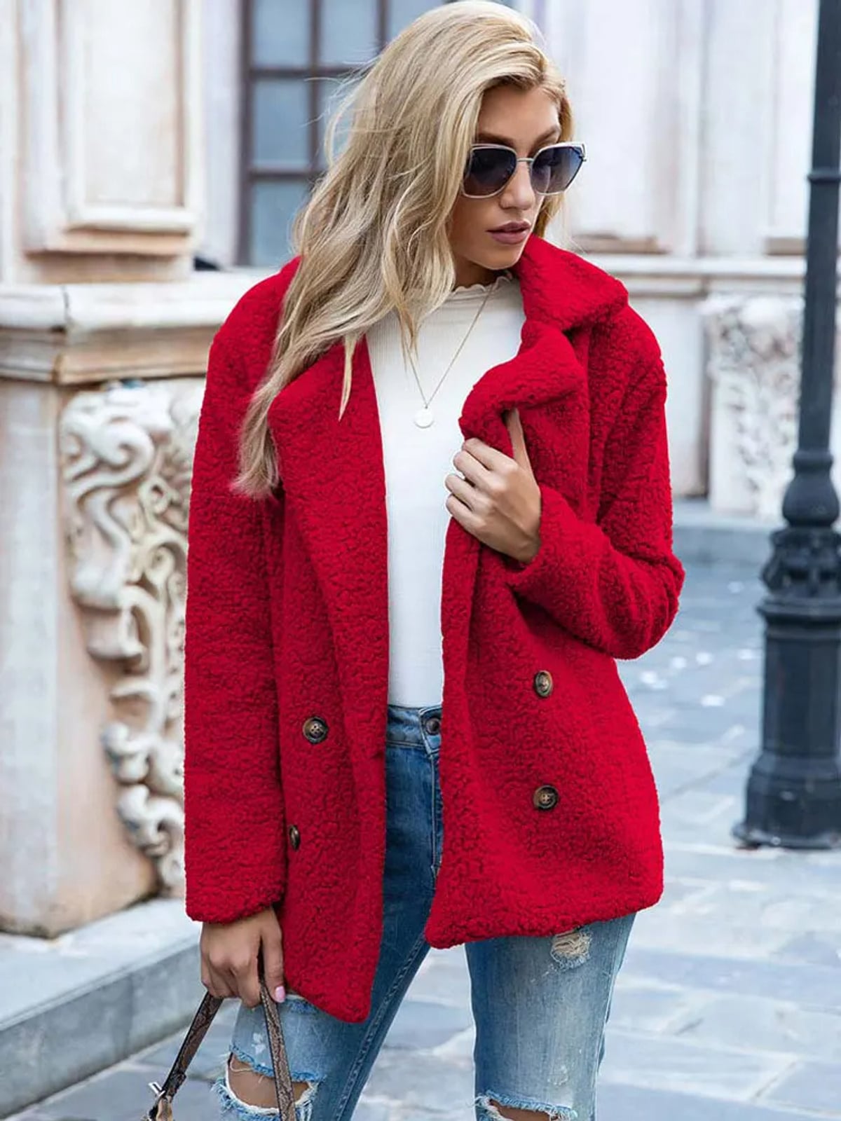 women's relaxed fit double-breasted teddy coat in red