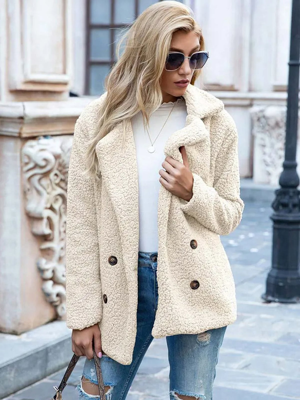 women's relaxed fit double-breasted teddy coat in beige