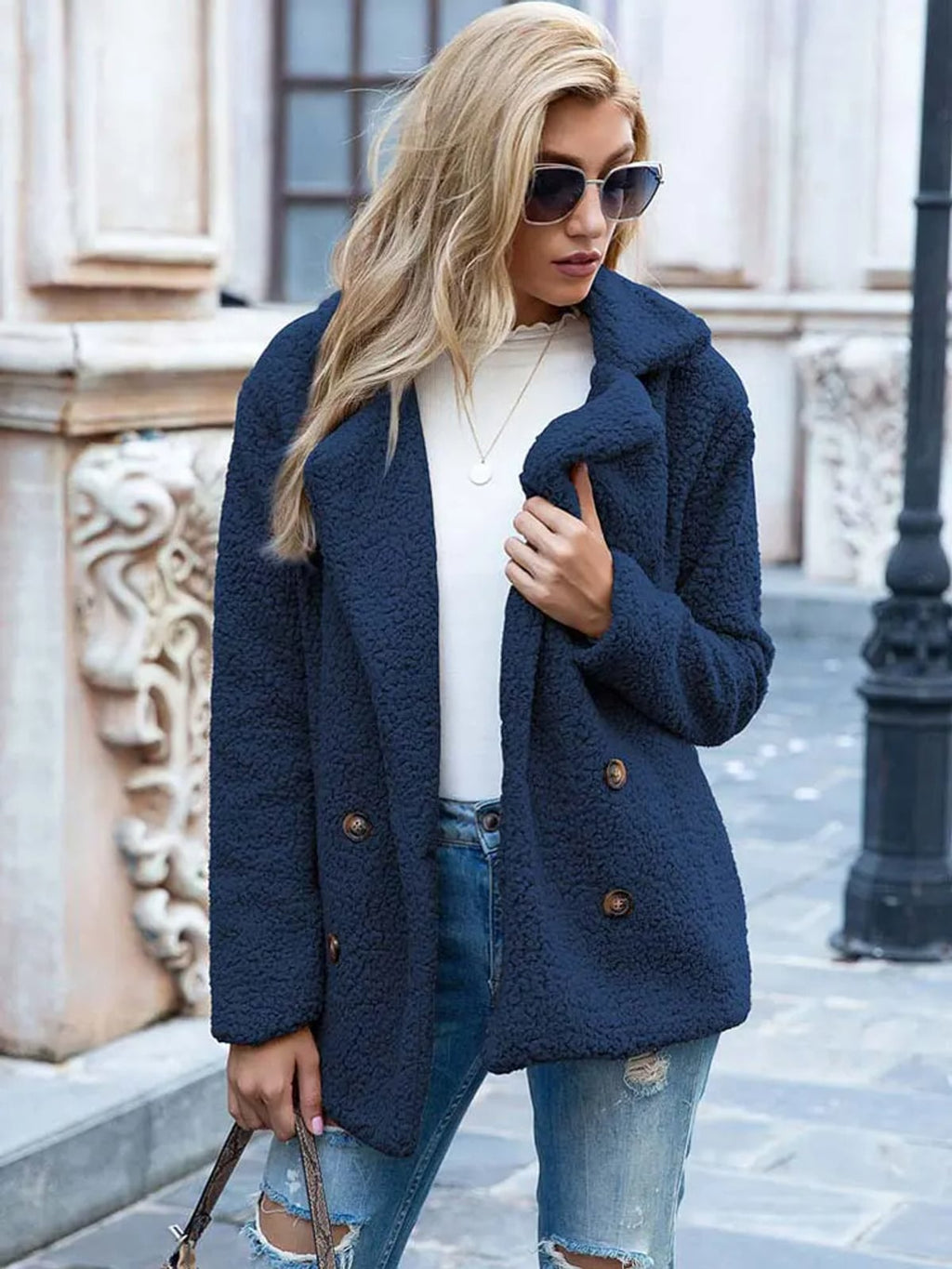 women's relaxed fit double-breasted teddy coat in navy