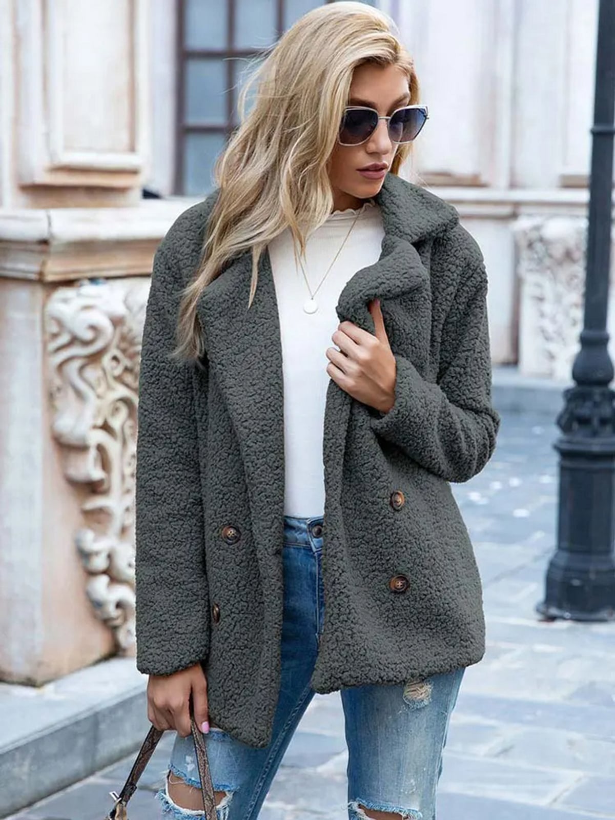 women's relaxed fit double-breasted teddy coat in gray