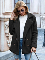 women's relaxed fit double-breasted teddy coat in black