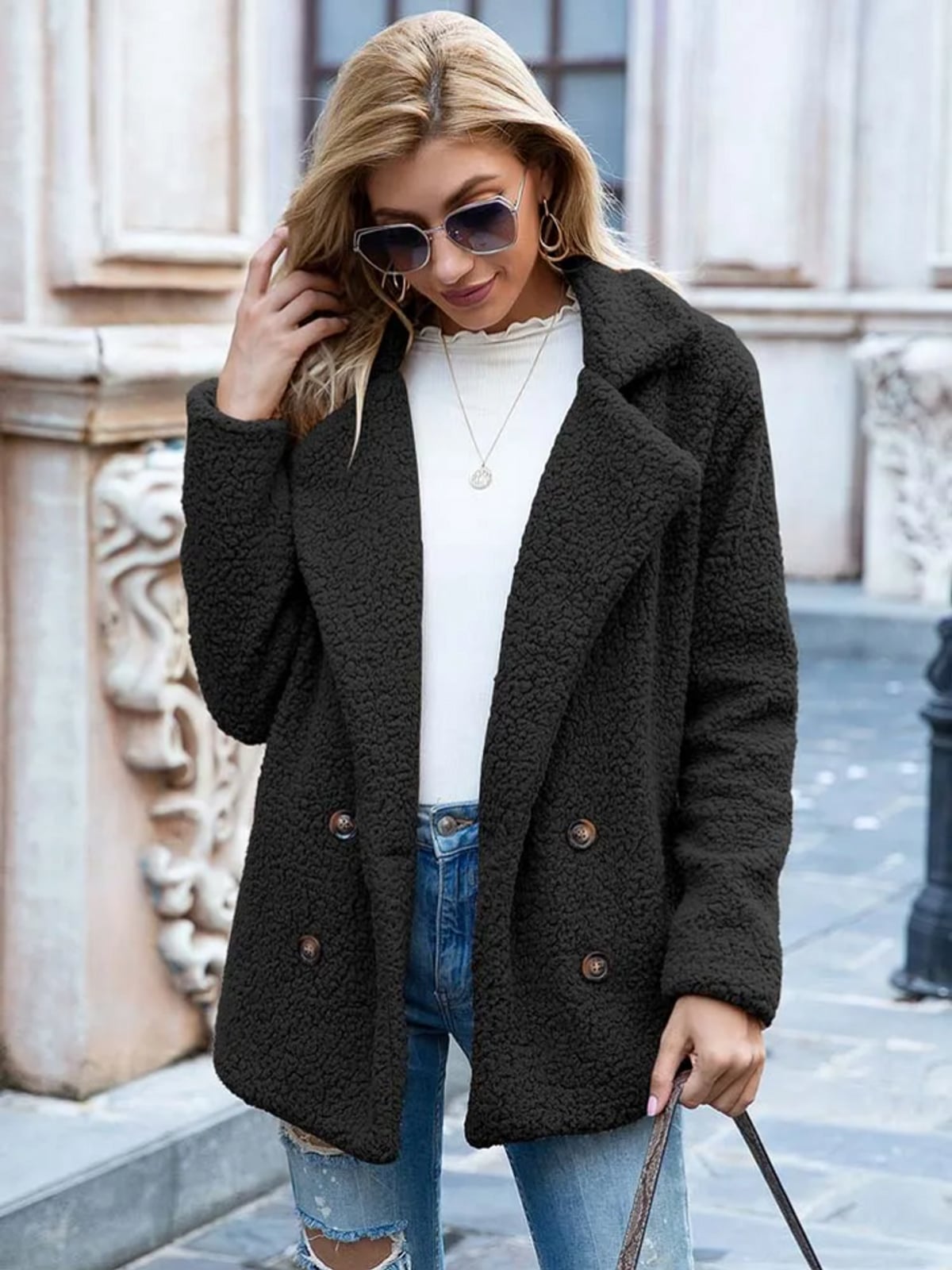women's relaxed fit double-breasted teddy coat in black