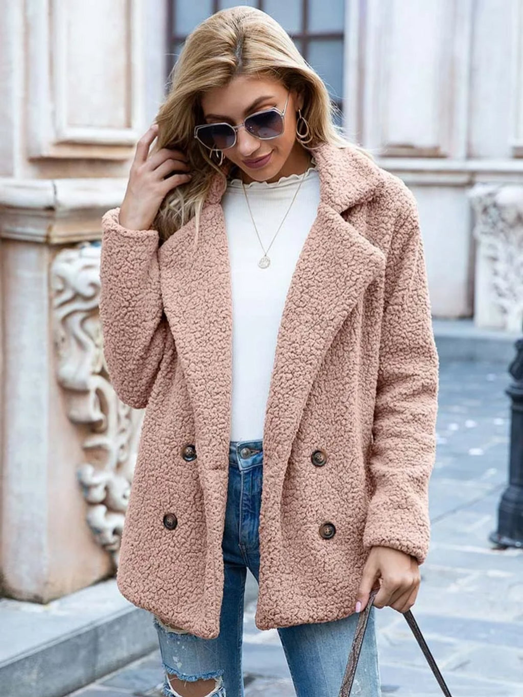 women's relaxed fit double-breasted teddy coat in pink