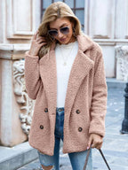 women's relaxed fit double-breasted teddy coat in pink