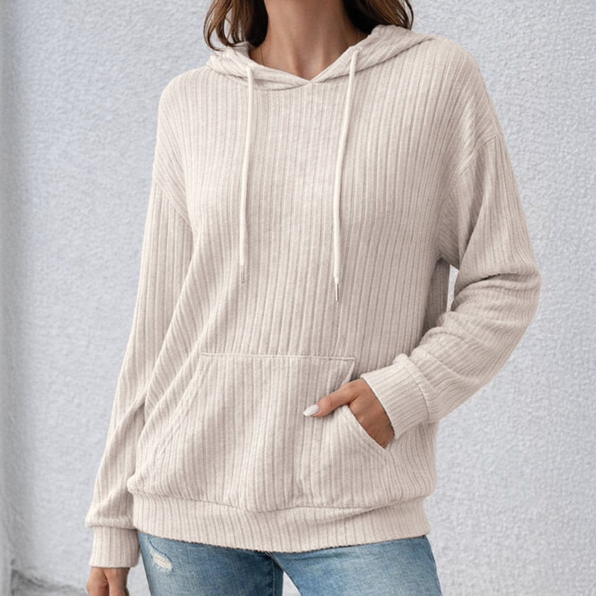 women's relaxed fit drawstring hoodie in beige