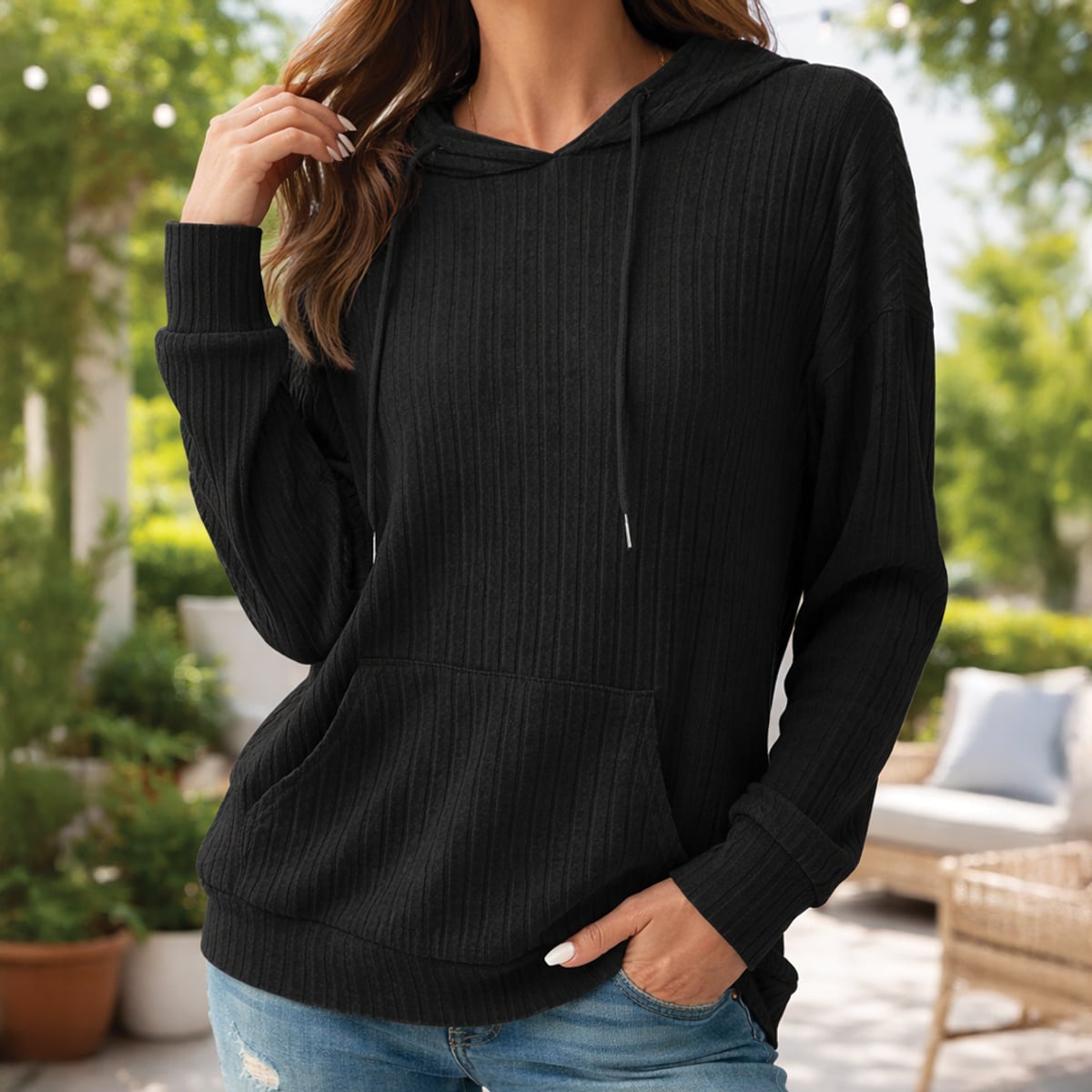 women's relaxed fit drawstring hoodie in black