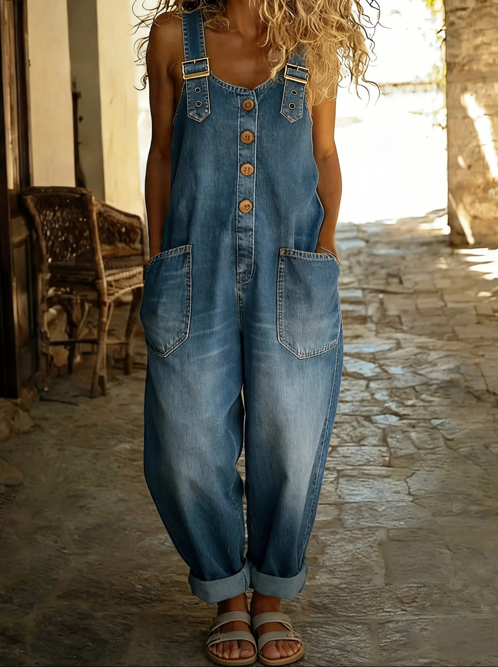 women's relaxed fit dungaree jumpsuit in denim