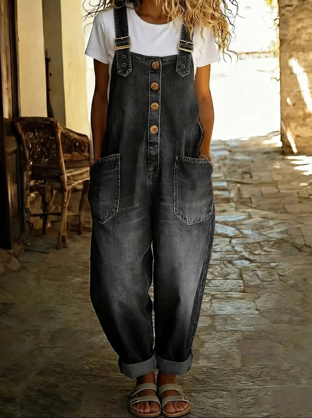 women's relaxed fit dungaree jumpsuit in black