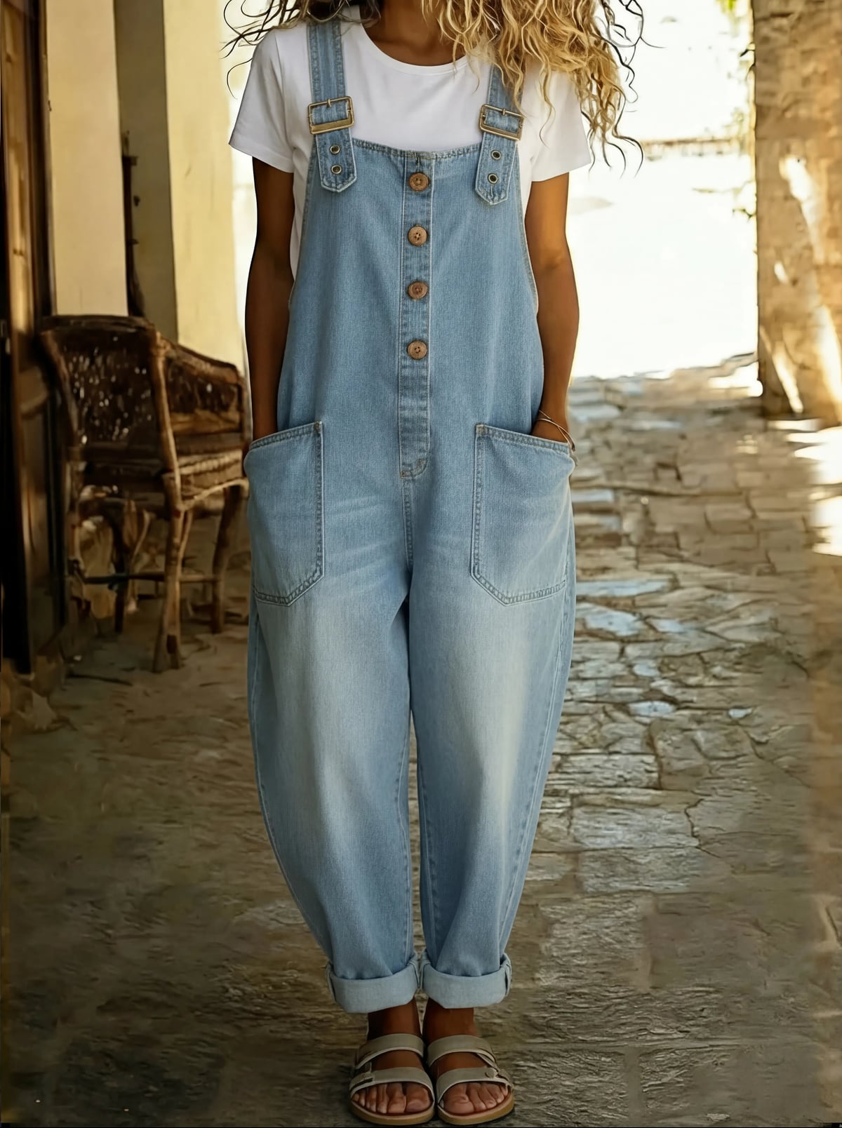 women's relaxed fit dungaree jumpsuit in light blue