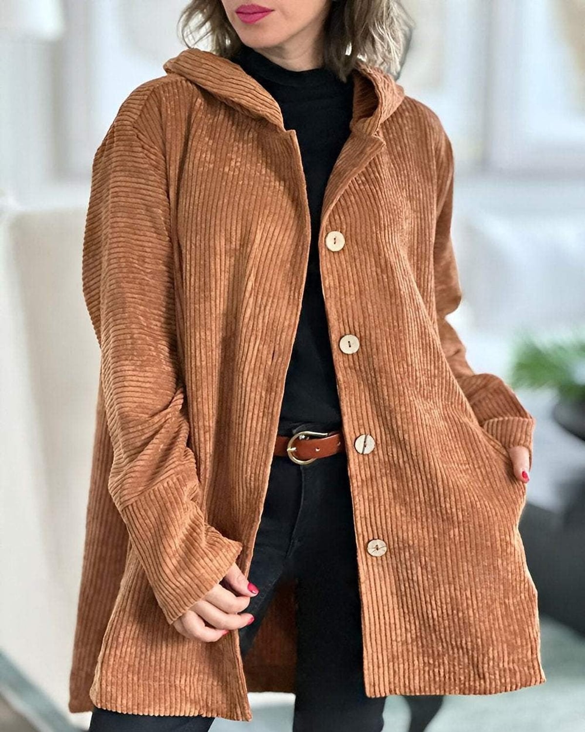 women's relaxed fit hooded longline jacket in brown