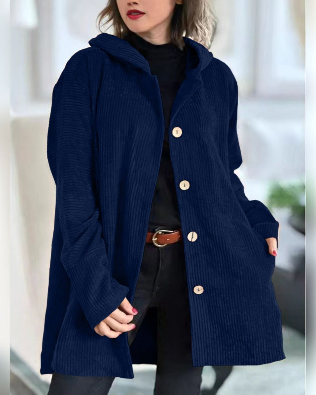 women's relaxed fit hooded longline jacket in navy blue