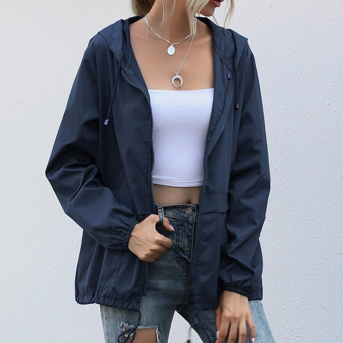 women's relaxed fit hooded raincoat in navy blue