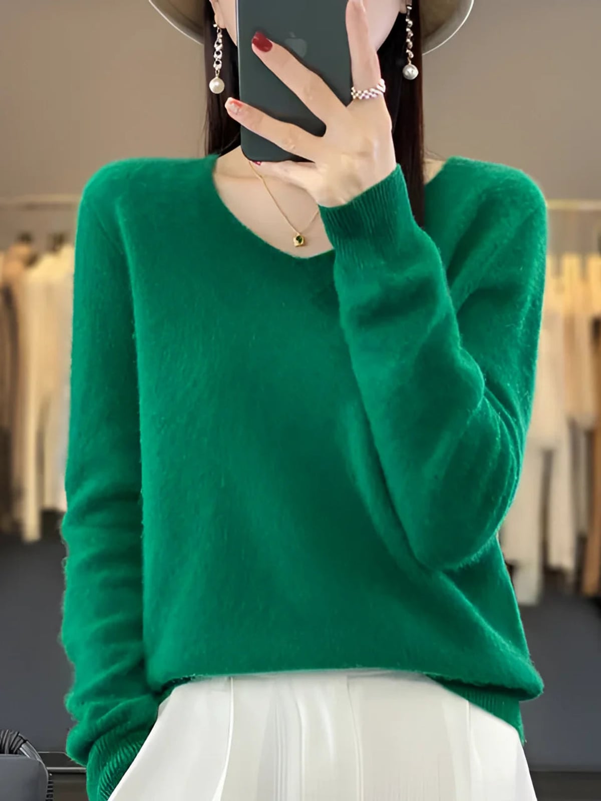 women's relaxed fit v-neck pullover sweater in green