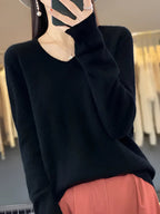 women's relaxed fit v-neck pullover sweater in black