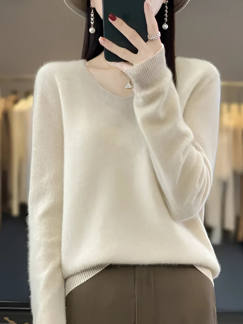 women's relaxed fit v-neck pullover sweater in beige