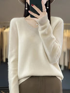 women's relaxed fit v-neck pullover sweater in beige