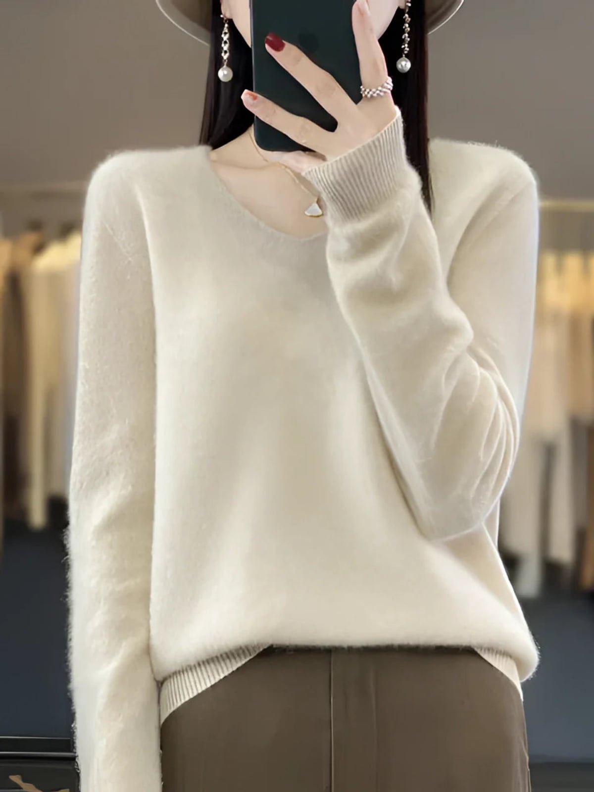 women's relaxed fit v-neck pullover sweater in beige
