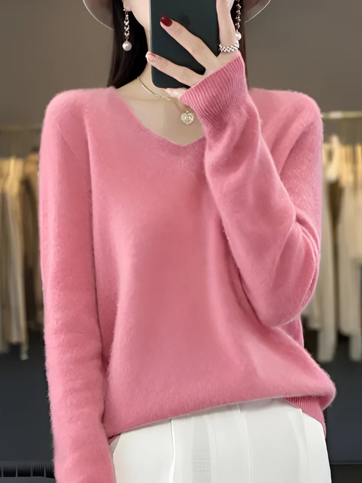 women's relaxed fit v-neck pullover sweater in pink