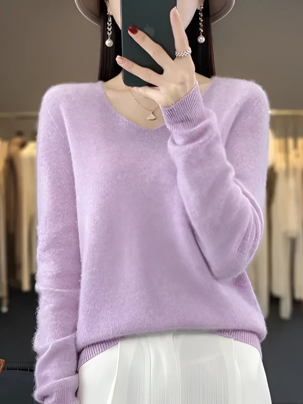 women's relaxed fit v-neck pullover sweater in purple