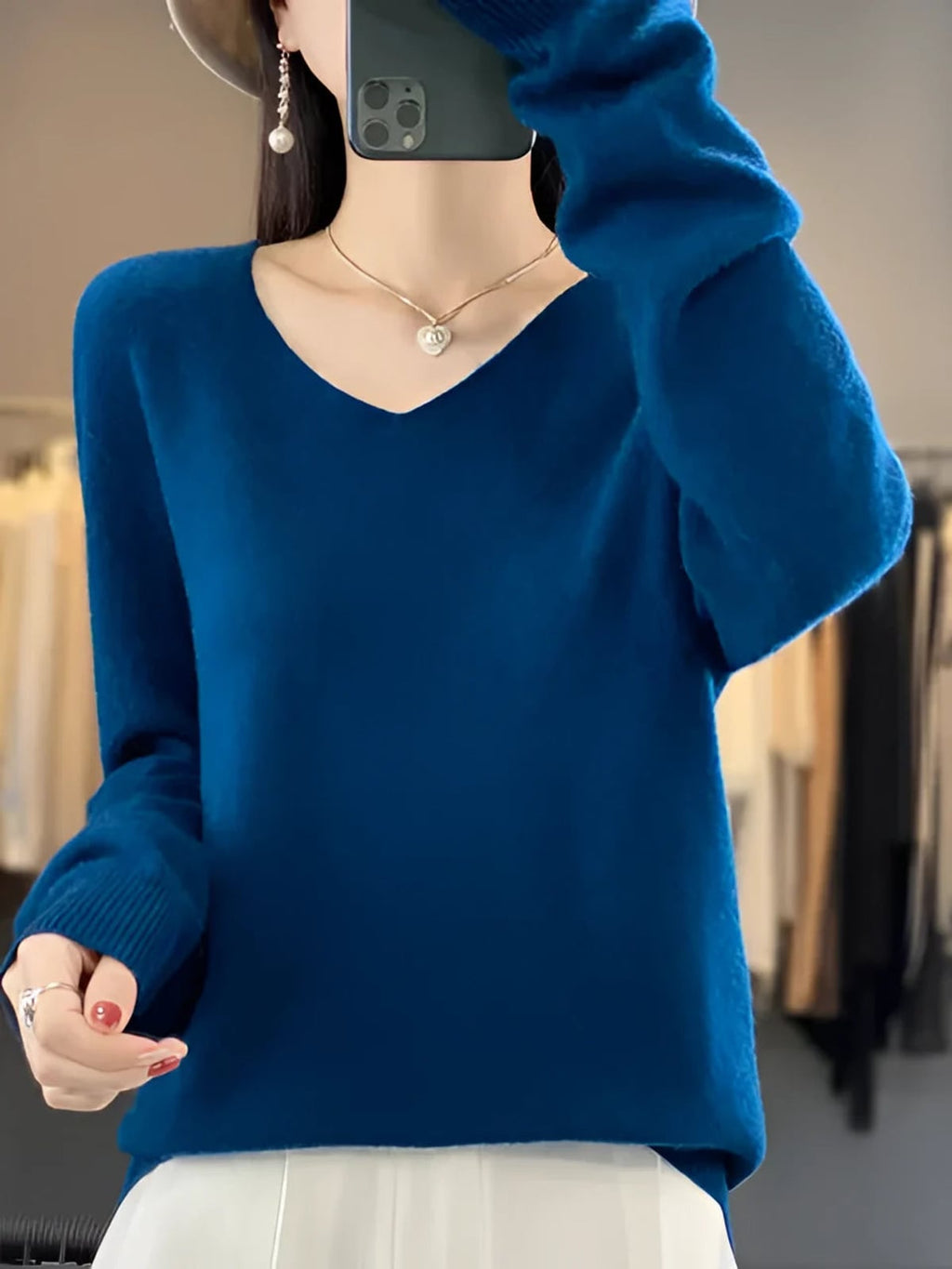 women's relaxed fit v-neck pullover sweater in marine blue