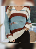 women's relaxed fit v-neck striped sweater in red brown + off-white + lake green