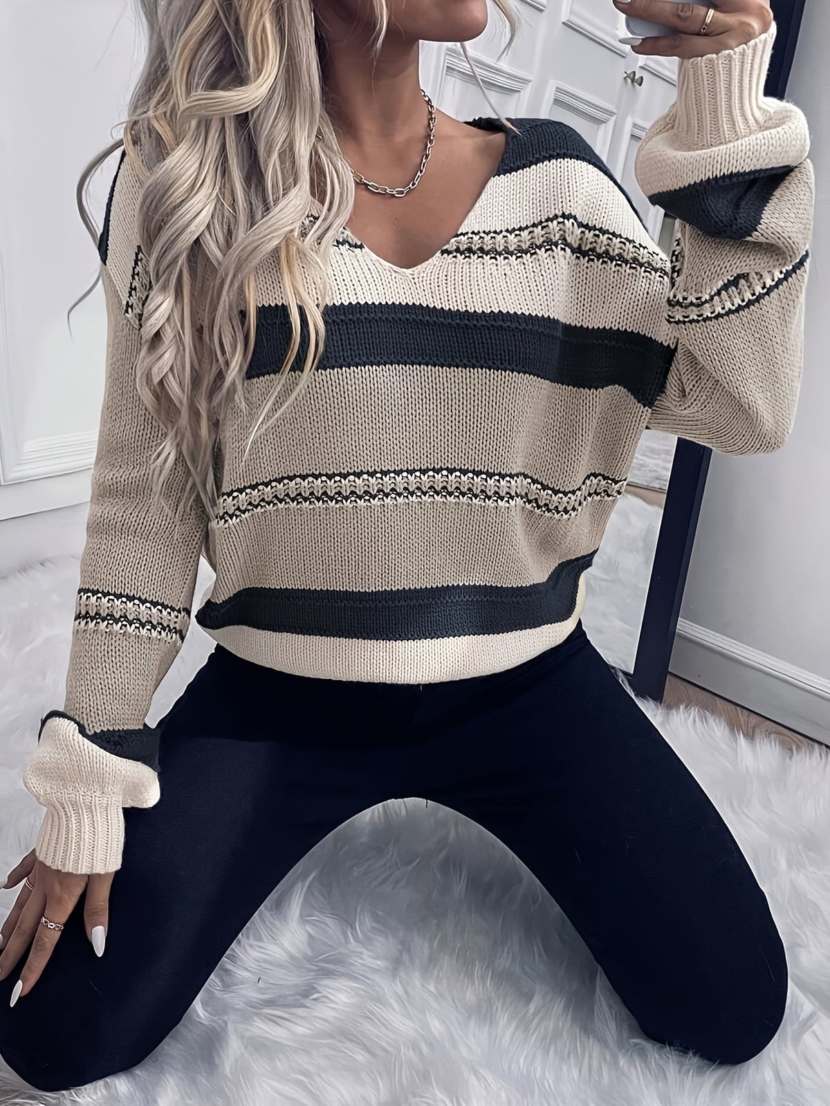 women's relaxed fit v-neck striped sweater in cream & navy