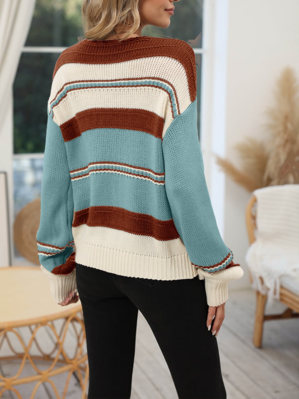 women's relaxed fit v-neck striped sweater in red brown + off-white + lake green