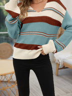 women's relaxed fit v-neck striped sweater in red brown + off-white + lake green