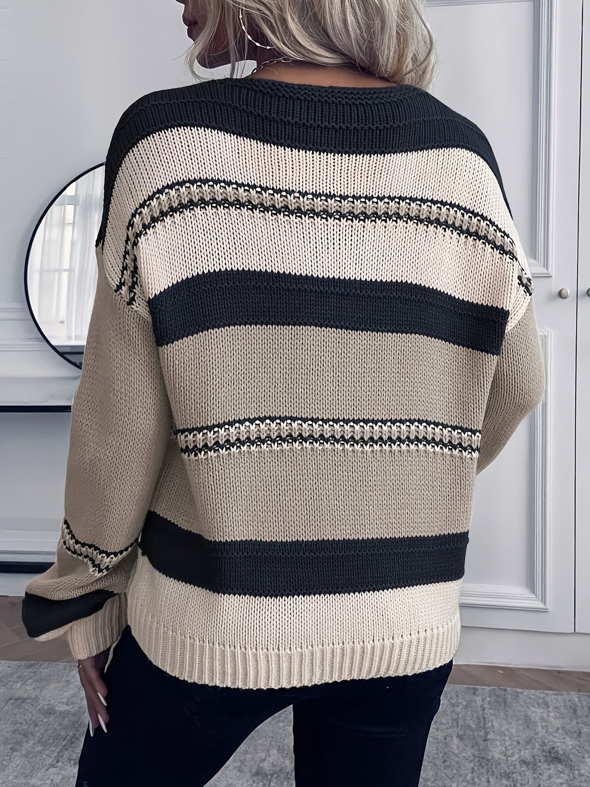 women's relaxed fit v-neck striped sweater in cream & navy