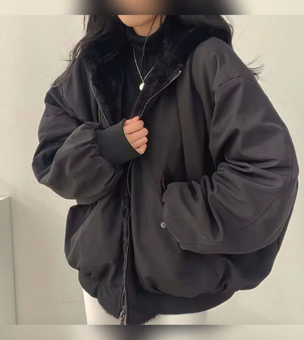 women's reversible sherpa-lined winter jacket in black
