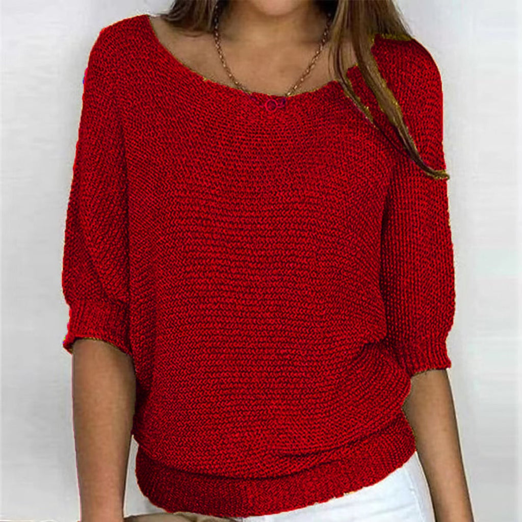 women's round neck batwing sleeve knit sweater in red