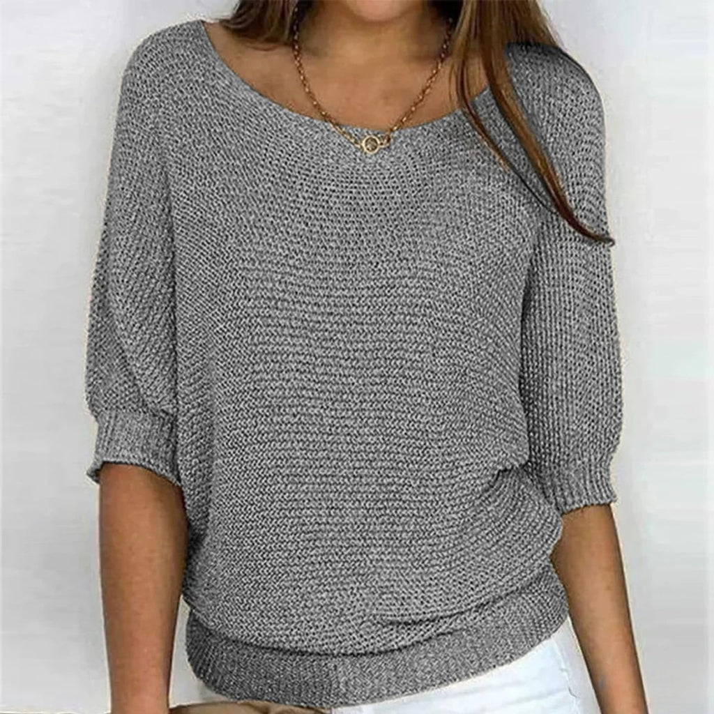 women's round neck batwing sleeve knit sweater in gray