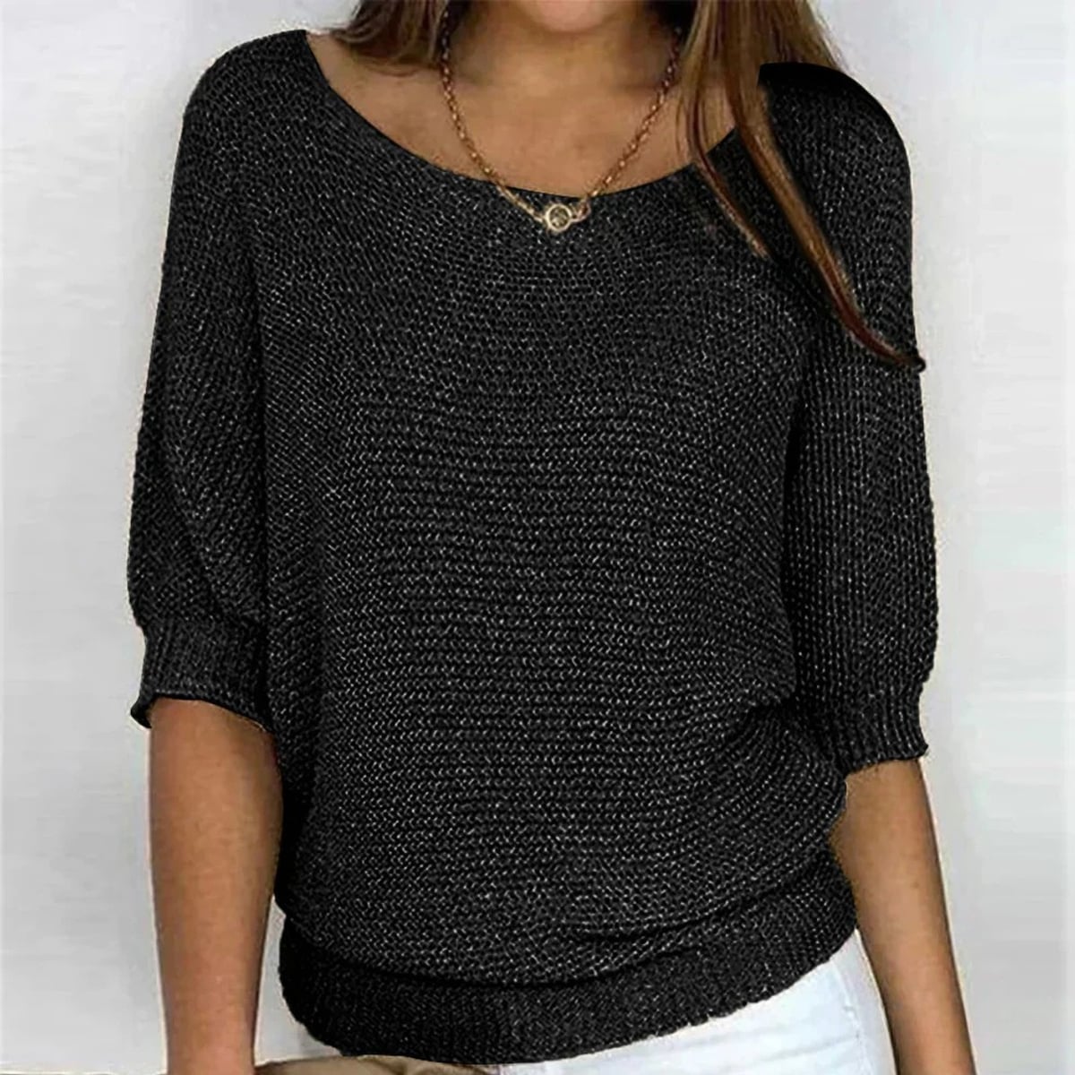 women's round neck batwing sleeve knit sweater in black