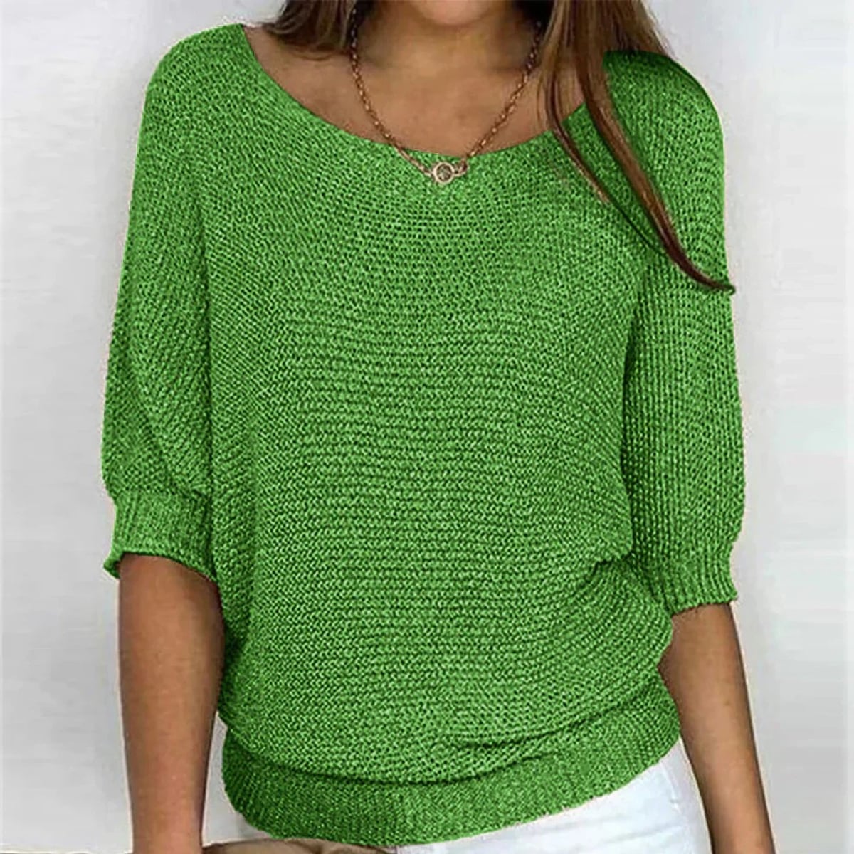 women's round neck batwing sleeve knit sweater in green