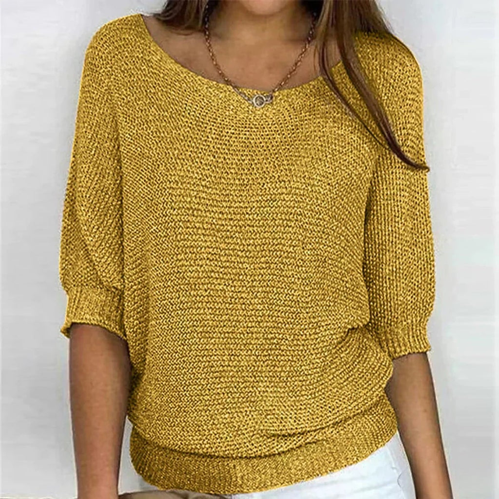women's round neck batwing sleeve knit sweater in yellow