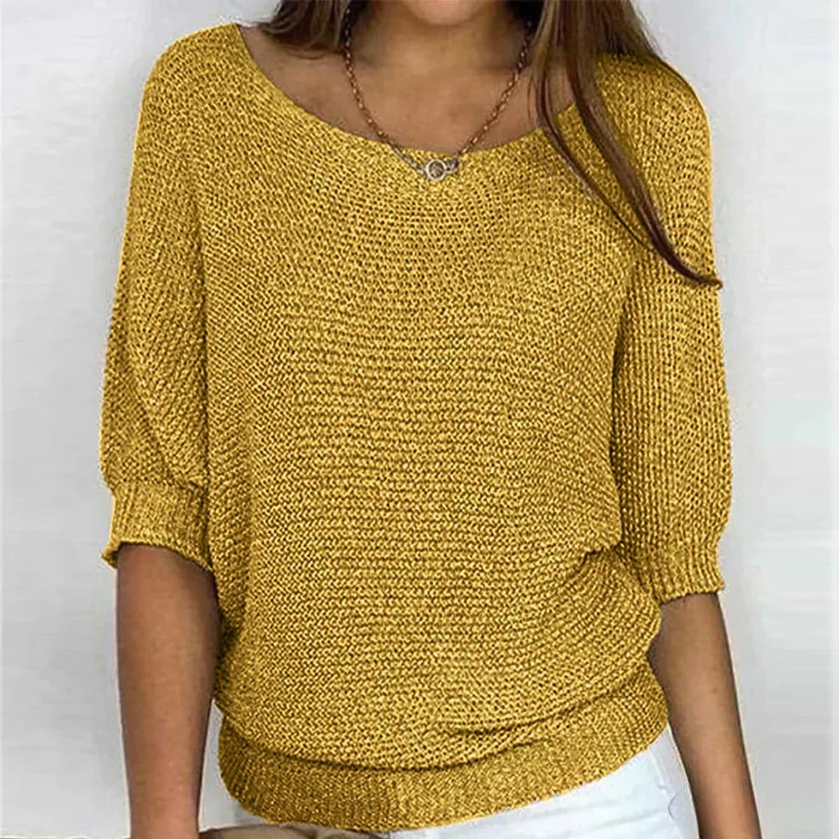 women's round neck batwing sleeve knit sweater in yellow