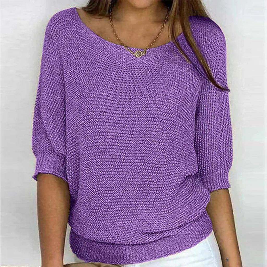 women's round neck batwing sleeve knit sweater in purple
