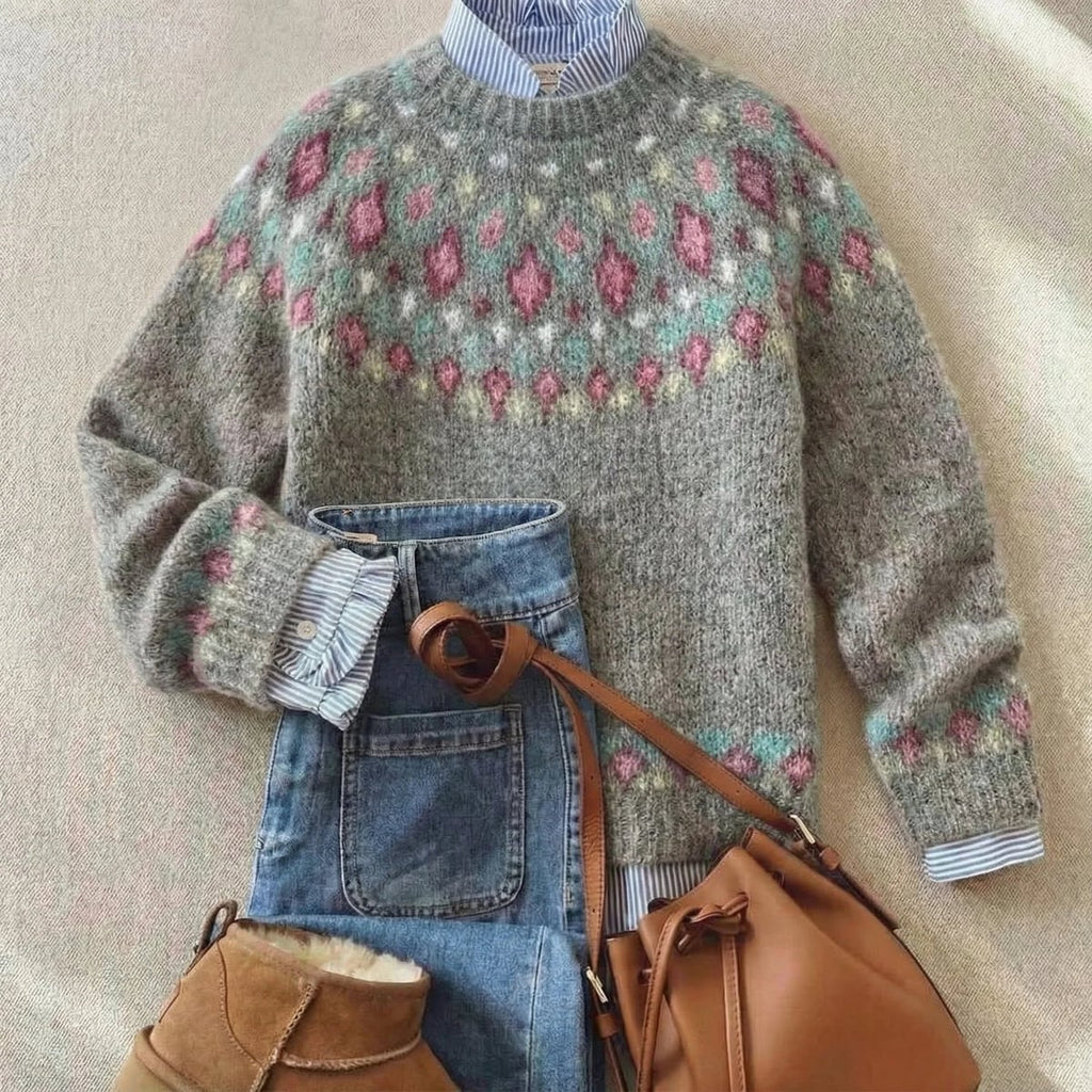 women's round neck fair isle sweater in soft gray pastel