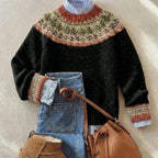 women's round neck fair isle sweater in black heritage