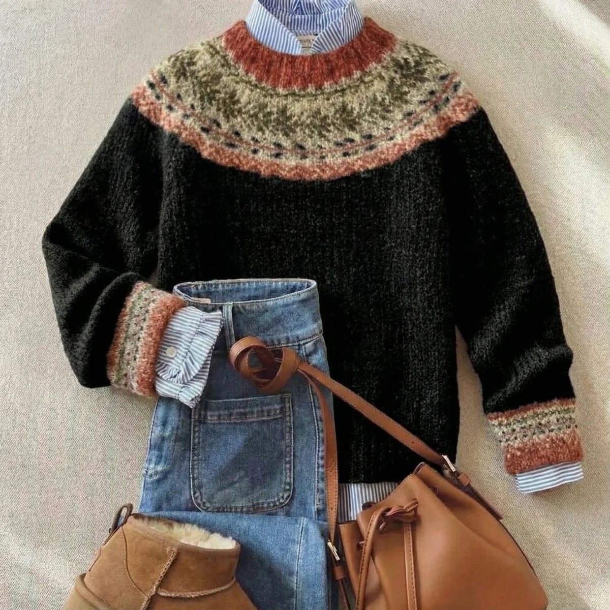 women's round neck fair isle sweater in black heritage
