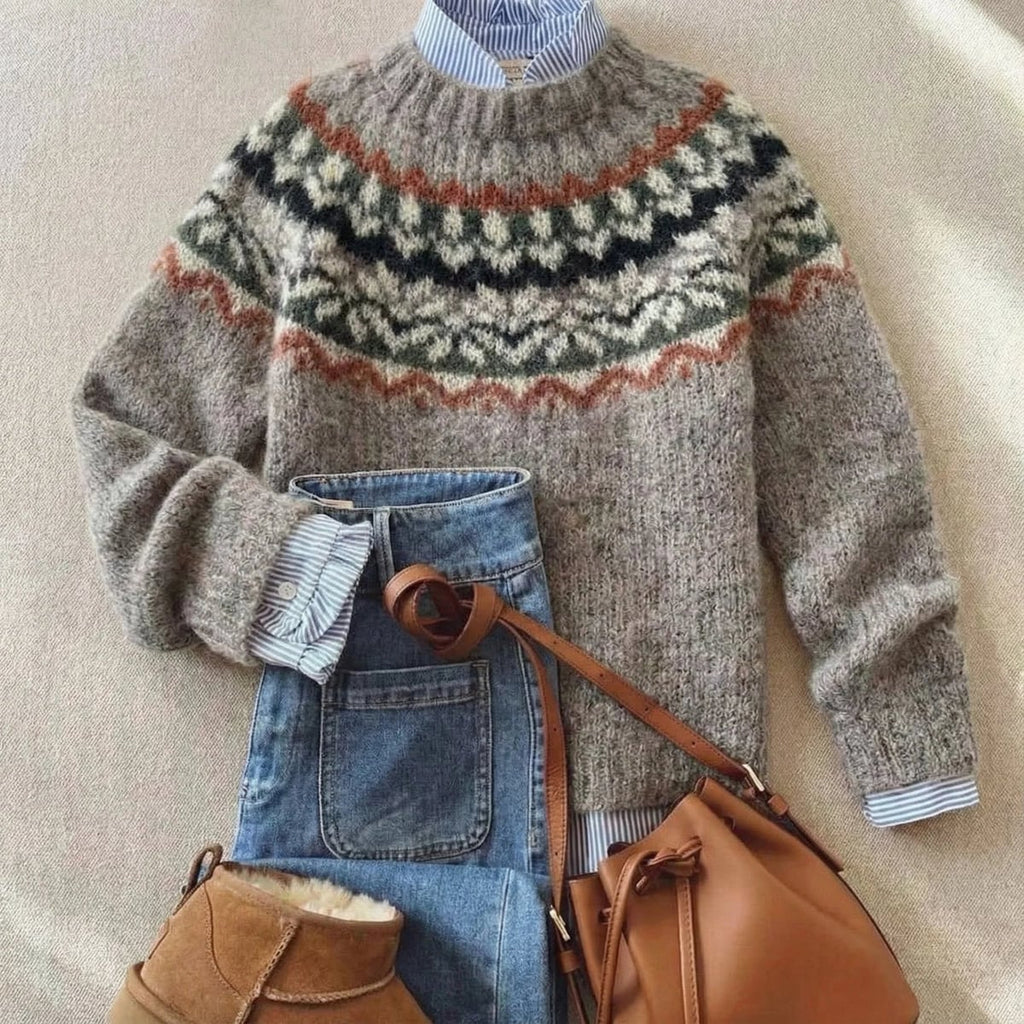 women's round neck fair isle sweater in light ash mix